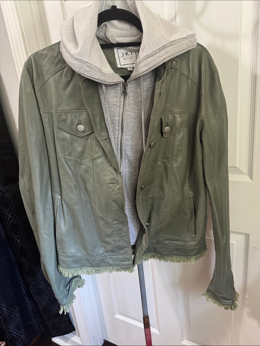 Blank NYC Olive Fringe-Trim Leather Jacket
